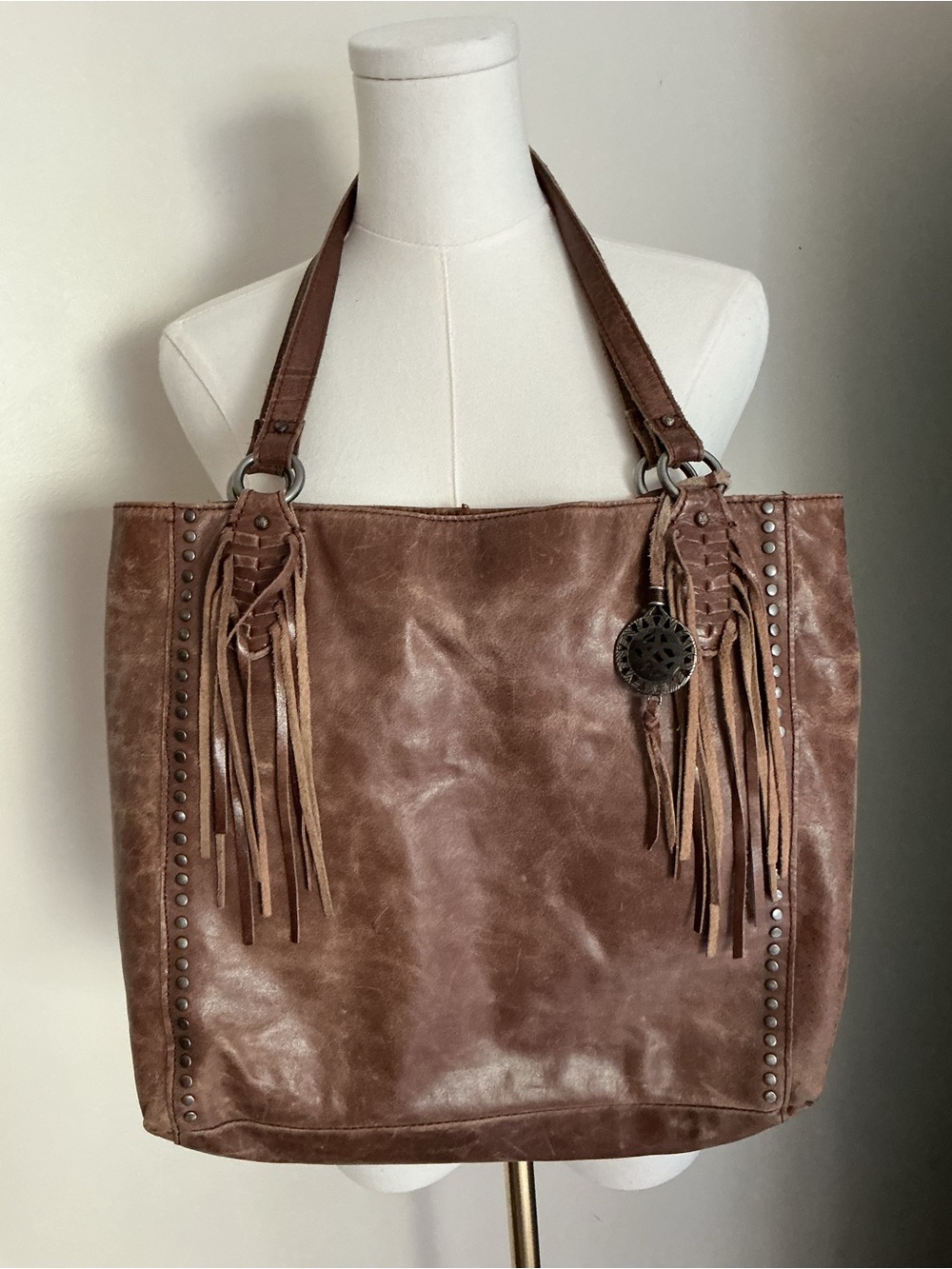 The Sak Ashland Brown Leather FringeWestern Hob Distresses Tote Purse - Picture 4 of 11